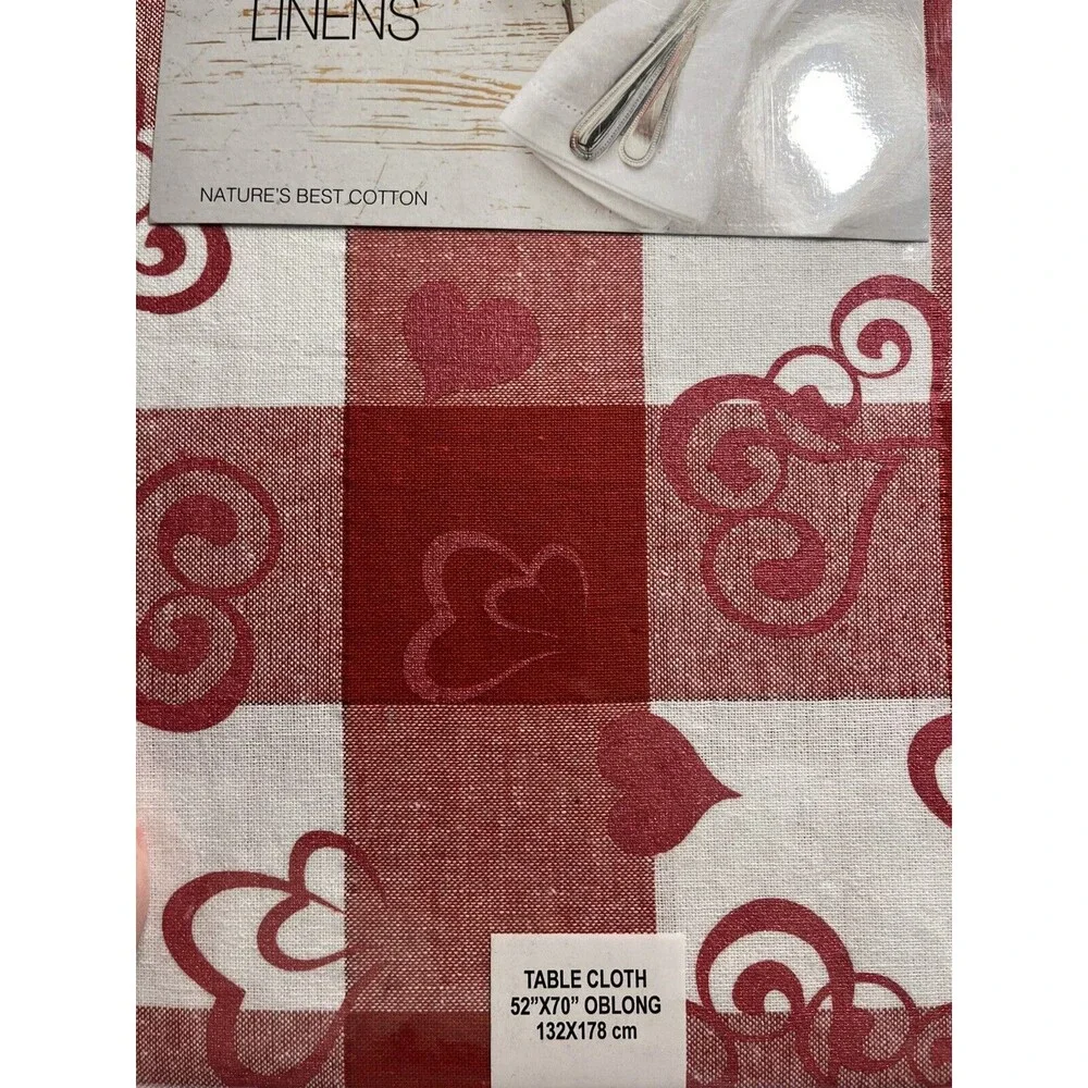 Cottage Classic Linens Red White Plaid Hearts Tablecloth 52”x70” Oblong